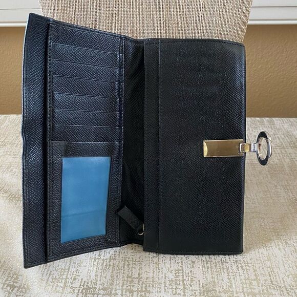 BVLGARI Black Leather Long Wallet with Teal Blue Interior and Silver Hardware. - Picture 8 of 15